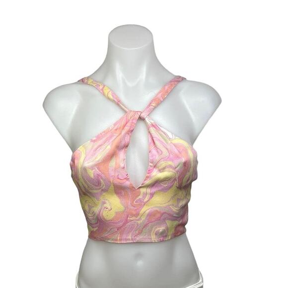 Zara Pink Yellow Satin Marble Tie Dye Open Tie Back Brami Cropped Tank Top Sz S - Picture 1 of 7